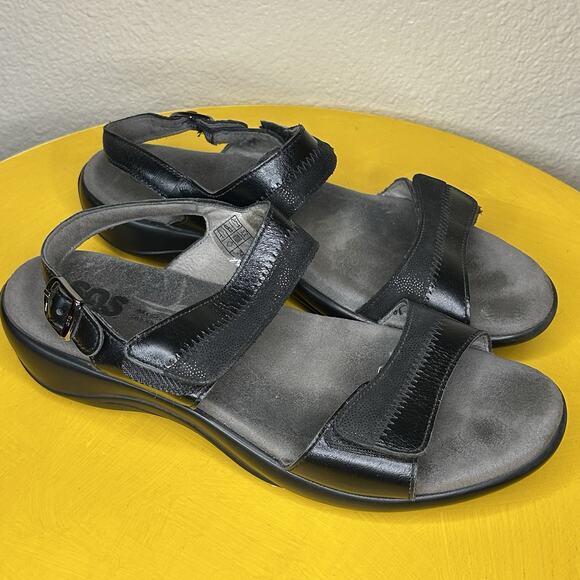 SAS Nudu Midnight Black Leather Tri Pad Comfort Slingback Strap Sandals Sz 9 M - Picture 1 of 9